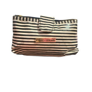 Isaac Mizrahi Black White Striped Clutch Wallet Cosmetic Pouch Gold Logo